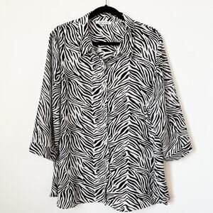 Rose + Olive 2X Zebra Print Lightweight Button Up Blouse